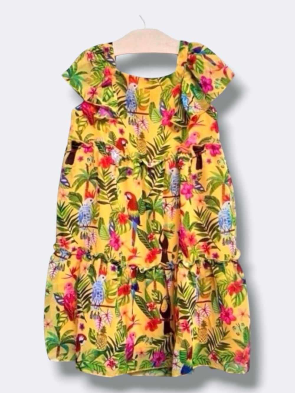 H&M Dress Girls 5-6 Yellow Tropical Bird Floral Flutter Sleeve Tiered Summer